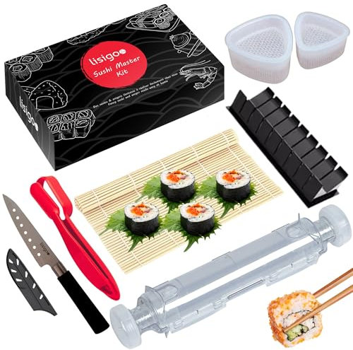 lisigoo Kit sushi complet - Sushi maker - Appareil pour fabrication sushi - Coffret avec natte en bambou, couteau japonais, moule onigiri, moule sushi, moule maki - Idée cadeau homme femme