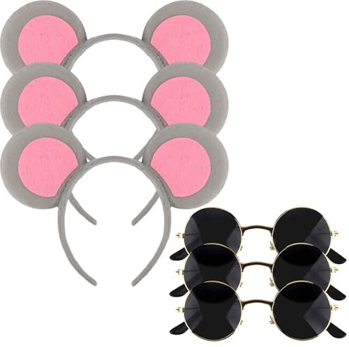 KMLGY 6 Pieces Blind Mice Costume Set - 3 Mouse Ears Headband + 3 Black Glasse, Fancy Dress World Book Day Mouse Costume Accessories (A) (A)