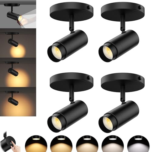 AIBISOD 5CCT LED Ceiling Spotlight Flush Mount Black Fixtures 15-60° Zoomable 10W Dimmable 2700K-6000K Adjustable Ceiling Spot Lights Indoor Directional Lighting for Living Room Bedroom Kitchen 4-Pack
