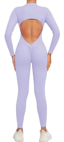 KAIWON shapewear Yoga Jumpsuit Zipper Long Sleeves One-piece Bodysuit Women's Sports Set Backless Fitness Rompers Sportswear-lilac Colour-s