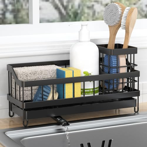Huilaimi Sink Caddy, Sponge Holder, Anti Slip, Self Draining Spout | Kitchen Sink Organiser with High Brush Holder, Rustproof and Strong, Keep Countertop Organizer, Black
