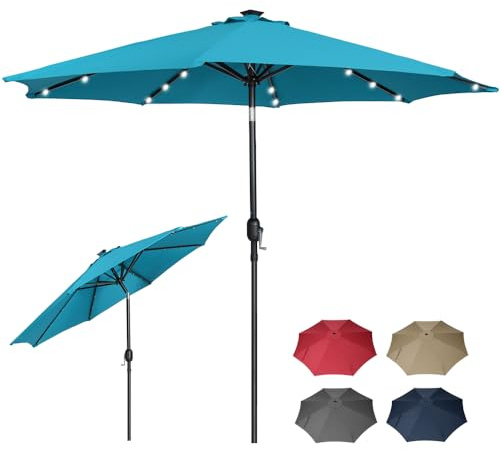 Panana 2.7m Garden Parasol with 24 Solar LED Lights, Tilting Patio Umbrella with Crank Handle, UV Protection Sun Shade Market Parasol for Garden, Deck, Pool & Terrace (Light Blue)