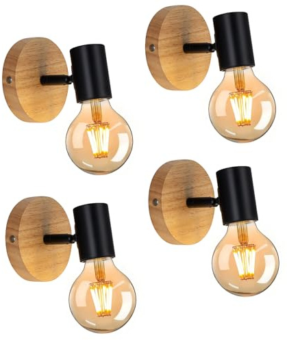 Tealight Wandleuchte Holz E27, Schwarz, 4 Stück, 350°-Drehung | Wandleuchte Innen, Lampe aus Metall und Holz, für Wohnzimmer, Schlafzimmer, Treppenhaus, Flur