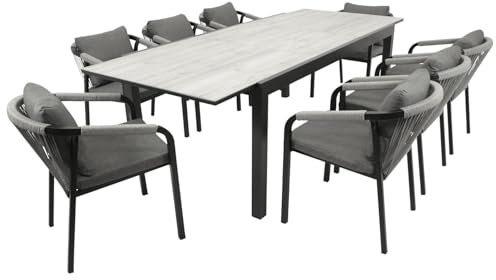 DEGAMO Gartengarnitur Sitzgruppe FARO 9-teilig (8X Stapelsessel aus Aluminium anthrazit in Rope Optik, 1x Ausziehtisch Aluminium + Glas Keramikoptik 180/240x100cm, anthrazit), Outdoor