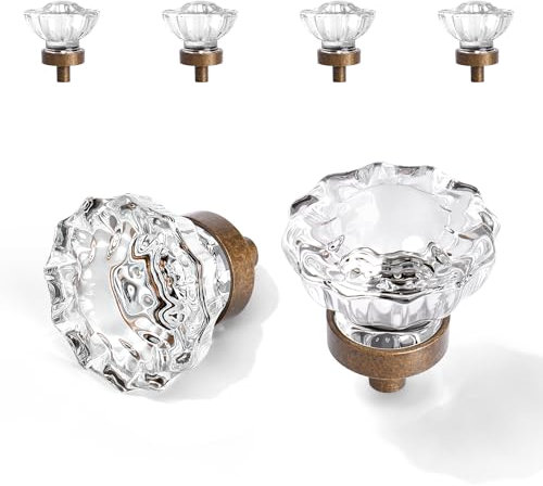 Vintage Cabinet Knobs Crystal Cabinets Knob 4 Pack, Antique Brass Bronze Small Pull, Clear Crystal Closet Dresser Drawers Cupboard Wardrobe Old Fashioned Handle, Retro Pulls Two Installation Methods