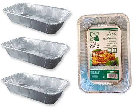 CasaChic Contenitore Alluminio Rettangolare Senza Coperchio 2 Porzioni, 3 pz – Vaschette Monouso per Alimenti (20x14x4 cm)