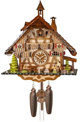 Engstler Kuckucksuhr Schwarzwaldhaus mit beweglichem Holzhacker