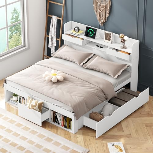 Fppuueg Cama 160x200 con Puerto USB y Cajones, Camas Matrimoniales con Soporte de Láminas y Almacenaje, Cabecero con Espacio de Almacenamiento, Cama Doble, Pino, Blanco, Sin Colchón