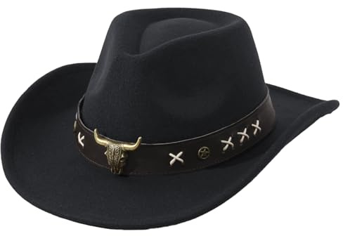 Vintage Western Cowboy Hut mit Leder Bull Head Band Wolle Filz Breite Krempe Stilvolle Cowboy Hut für Männer und Frauen Elegante Atmungsaktive Sonnenschutz Durable Cowboy Zubehör Retro Design（schwarz）