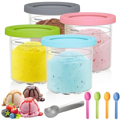 Druuzyl 4 Piezas Recipiente de Helado para Creami, Recambio para Pintas para Ninja Creami con Tapa y Cuchara de Aluminio para Ninja Creami Ice Cream Maker NC300 NC301 NC299AMZ Serie