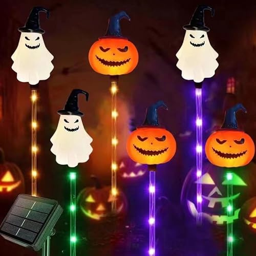 YZYOE 6 Pack LED Outdoor Solar Boden Einfügen farbige Kürbis Geist Laterne, wasserdichte Solar Innenhof Dekoration Halloween Lichter, mit 8 Modi bunt.