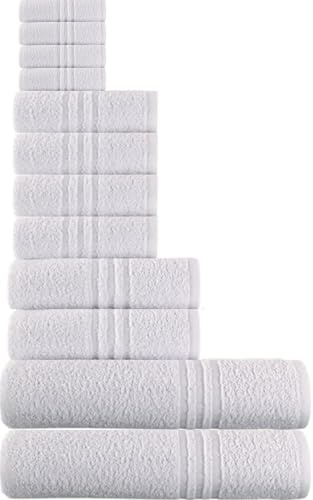 12 PEZZI Set Asciugamani Bagno Bianchi, Hotel, Cotone, 2 Telo Doccia 100x150cm + 2 Asciugamani 60x100cm + 4 Asciugamani Ospiti 40x60cm + 4 LAVETTE 30X30CM, ADATTI casa, hotel, SPA, dormitorio.