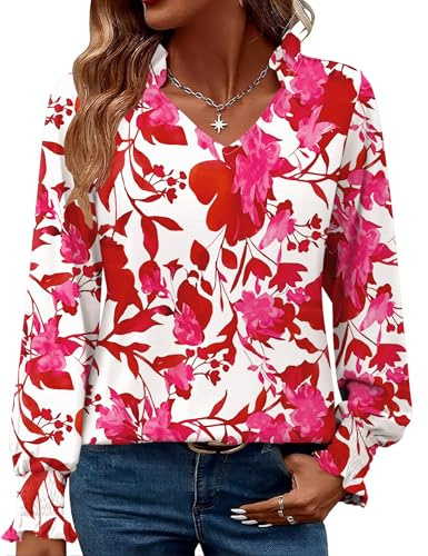 Kistore Womens Long Sleeve Tops Dressy Casual Pleated Cuffs Business Shirts Puff V Neck Blouses S-XXL