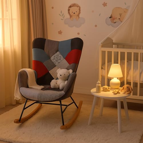 MEUBLE COSY Sedia a Dondolo per Allattamento, Poltrona Nursing Comoda e Sicura, Seduta Imbottita, Legno Massiccio, Ideale per Cameretta