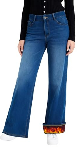 LaiEr Jeans a Gamba Larga con Fodera in Pile per Donne Jeans Termali ad Alto Vita con Cerniera e Bottoni,ad Alta Elasticità a Taglio Dritto Pantaloni di Jeans,Caldi per l'inverno(Blu Scuro,M)