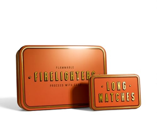 TINIT Firelighter and Match Tin Set - Storage Accessory Metal Tin Natural Woodburner Fire Stove Fireplace Fireside Mens Gift Present BBQ Matches Unique Gift Housewarming (Gold on Orange)