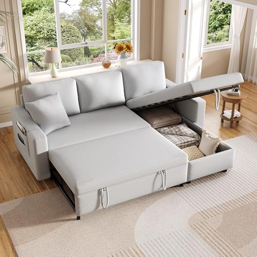 Bladez Divano letto a forma di L con vano portaoggetti intercambiabile Chaise Longue moderno divano ad angolo per soggiorno, divano in cotone e lino, divano letto estraibile (grigio chiaro, 3 posti)
