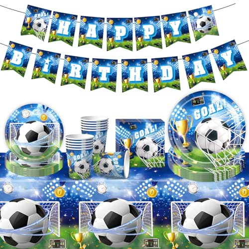 52PCS Fußball Party Deko Partygeschirr Set, Fußball Thema Geburtstag Deko mit Partyteller, Banner, Tischdecke, Servietten und andere Fussball Geburtstag Geschirr Für 10 Personen