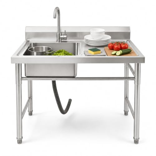 Fregadero de acero inoxidable independiente, fregadero con grifo, superficie de almacenamiento y colador de desagüe, fregadero gastro 1 cuenco, fregadero exterior para cocina, jardín, garaje