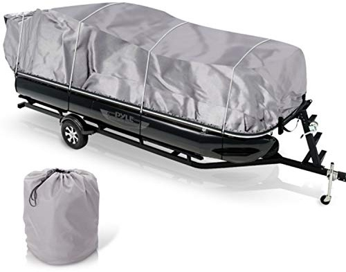 Pyle Universal Boat Adjustable Storage Cover - 25'-28'L to 96” Pontoon Boats Protection Custom Heavy Duty Waterproof Polyester Fabric, Snap Strap, Elastic Cord, Bag