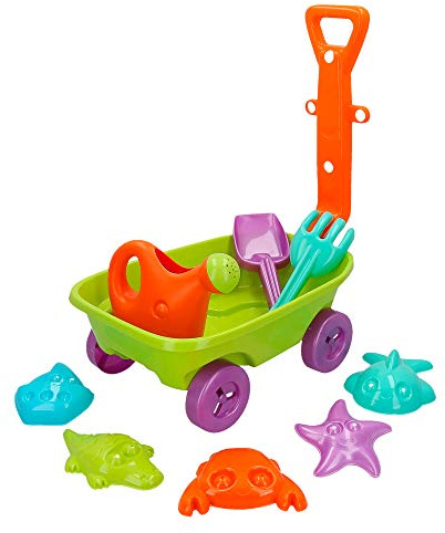 ColorBaby - Carretilla de Playa con 1 regadera, 1 rastrillo, 1 Pala y 5 moldes (43506)