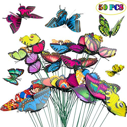Allazone 50 Pz Papillons de Jardin, 3 Taille Double Ailes Coloré Jardin Papillons Stakes Ornements de Jardin pour Décoration de Plante, Cour de Jardin, Décoration de Jardin