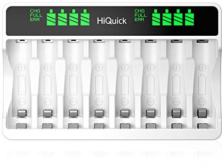 HiQuick LCD 8-slot Battery Charger for AA & AAA Rechargeable Batteries, Type C and Micro USB Input, 5V 2A Fast Charging Function, Intelligent Battery Detection Technology, AA AAA Battery Charger