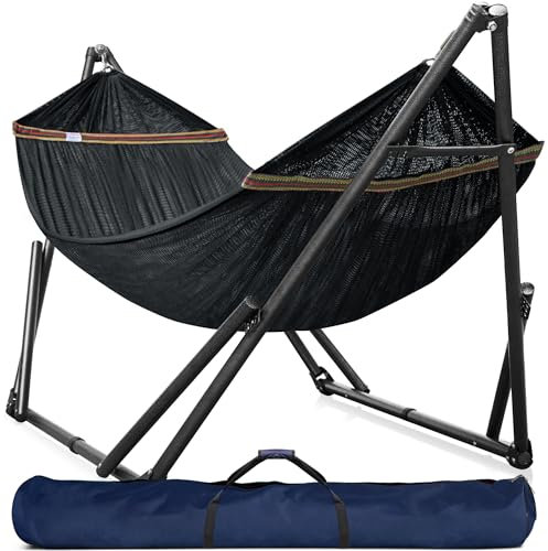 Tranquillo Hammock Stand 600 lbs Capacity, Instant 20s Foldable, 3-Year Warranty Hammock with Stand, 2 Person Camping Revolutionary Portable No Screws, Premium Hammocks, Black