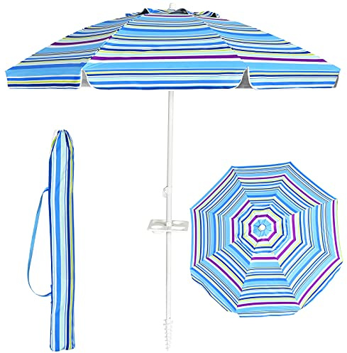 GOPLUS Parasol Plage 2,2M, Parasol de Jardin Patio Terrasse Inclinable avec Porte-gobelet, Protection Solaire et Auvent Démontable, Sac de Transport, H.173CM (Bleu Claire)