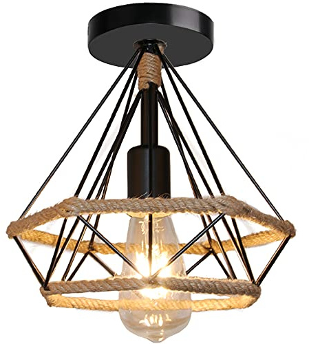 TOKIUS Retro Deckenleuchte, Industrielle Deckenlampe 25cm E27 Vintage Pendelleuchte Schwarz Lampenschirm aus Metall mit Hanfseil Diamant-Design Lampe für Esszimmer Flur Wohnzimmer Café (1 Stück)
