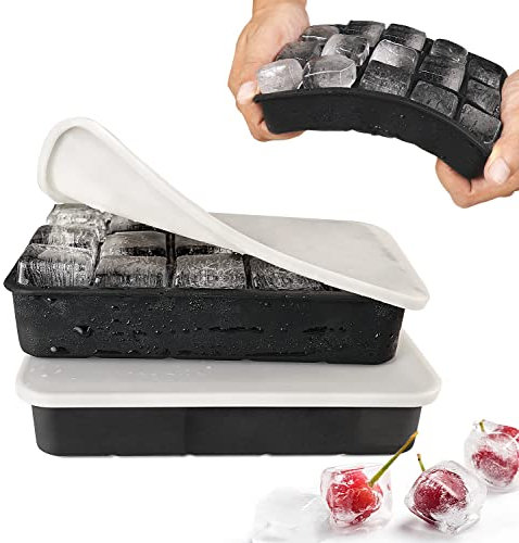 Eiswürfelform Silikon Eiswürfelbehälter mit Deckel 15-Fach 3cm Quadratische Eiswürfel Ice Cube Tray für Whisky, Cocktails Schwarz, 2 Stück