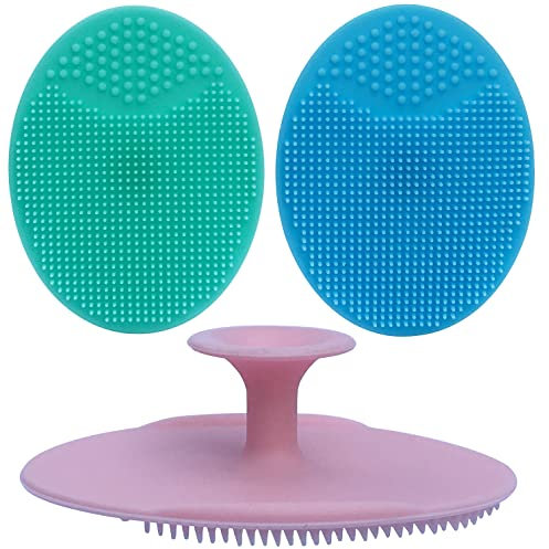 Silicone Face Scrubbers Exfoliator Brush&Baby Bath Brush& Facial Cleansing Brush&Baby Cradle Cap Brush&Silicone Massage Brush,Suitable for Adult Facial Cleansing and Baby Bathing (Blue+Pink+Green)