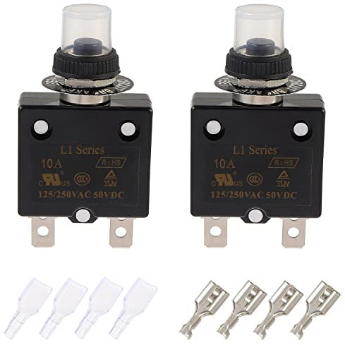 EPLZON 10A Manual Reset Push Button Circuit Breaker 125/250V AC 50V DC Thermal Overload Protector with Quick Connect Terminals and Waterproof Button Caps Assortment Kit(pack of 2 pcs)