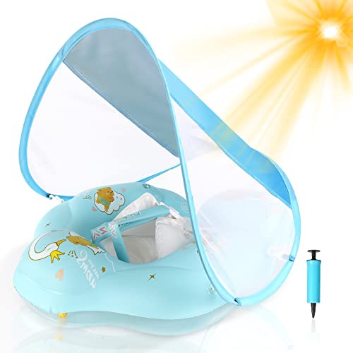 WYRIAZA Salvagente Neonato con Parasole SPF 50+ | Ciambella Neonato Mare Aggiornato con Sfera di Equilibrio per Evitare Il Ribaltamento | Salvagente Neonato 5-8Kgs (S 3-12 Mesi，Blu)