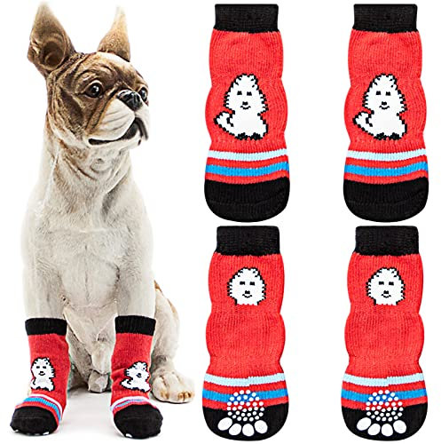 Avaner 4 Stücke Hundesocken mit rutschfestem Gummi Pfotenschutz Hohe Elastizität Hundeschuhe Weiche Socken Indoor Antirutschsocken für kleine Hunde Haustiere