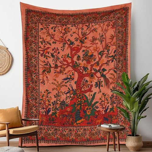 Craft Trade Orange Baum Wandteppich Indische Wandtuch Tapestry Wandbehang Boho Wandteppiche für Heimdeko Wohnzimmer und Schlafzimmer - 76 x 102 cm