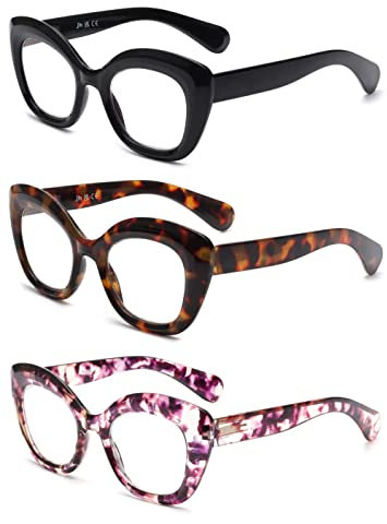 JM Occhiali da Lettura Donna Uomo con Cerniera a Molla, Occhiali Luce Blu Occhio di Gatto 3 Packs +1.5 (Nero + Marrone + Viola)