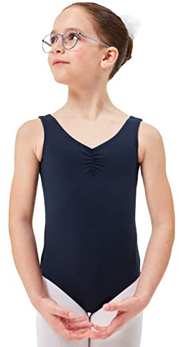 tanzmuster Ballett Trikot Mädchen ärmellos - Mona - Baumwolle - Marineblau 128/134 - geraffter Ausschnitt - Tanz Body - Ballettkleidung für Kinder