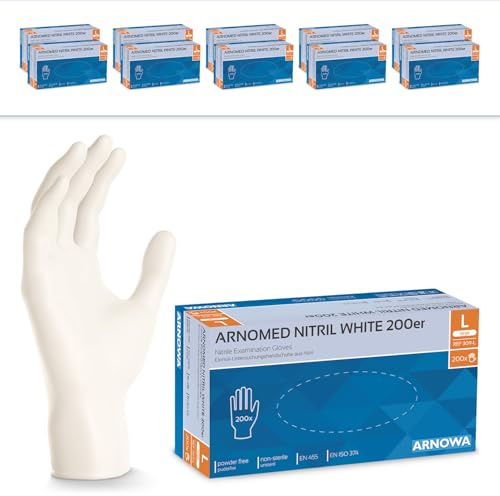 ARNOMED Gants nitrile jetables taille L, 2000 pièces (10 boîtes), gants en nitrile blanc, gant jetable non poudrés & sans latex, gants jetables, gants cuisine jetable en tailles S, M, L & XL