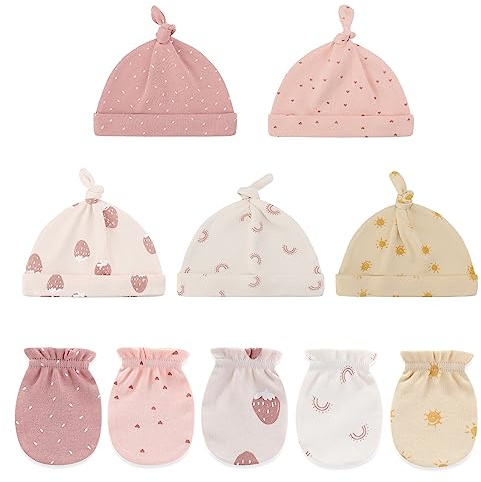 Ecojoy Newborn Baby 5 Mützen und 5 Paar Kratzfeste Fäustlinge für Babys Jungen und Mädchen, Alter 0-6 Monate 100% Baumwolle