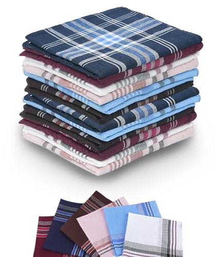 12 Pack Cotton Men's Handkerchiefs,Premium Soft Gents Checkered Hankies Set,Diverse Color Stripe Checkered Pattern Pocket Square Handkerchief,Soft Gents Hankies Set for Grooms,Prom,Celebration,Party