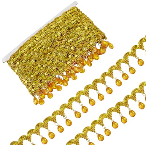 FINGERINSPIRE 9 m Hängende Perlen Fransen Spitze 48.5 mm Breit Goldfarbene Strassperlen Fransenbesatz Polyester Nähen Fransen Quastenbesatz Meterware Für Kleidung Vorhangdekoration