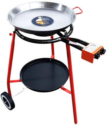ZENDEU Andreu Paella-Pfannen-Set bis zu 12 Portionen mit Gasbrenner Mod. 400 + 45,7 cm Paella-Pfanne aus Karbonstahl + Ständer mit Rollen und Tablett