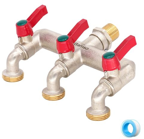 iBamso Robinet 3 voies, robinet de jardin et répartiteur 2 en 1, distributeur de robinet en laiton avec poignée allongée, entrée 1/2 et trois sorties 3/4 avec adaptateur de robinet marche/arrêt