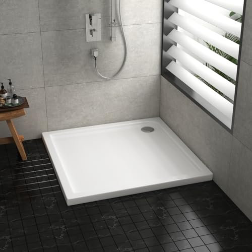 Shower Tray Square Pearlstone 700 x 700mm Gloss White Slimline 40mm Stone Resin Base + 90mm Free Waste