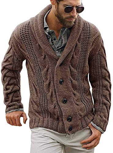 Runcati Maglione da Uomo Lavorato a Maglia Grosso con Maniche Lunghe, Cardigan con Collo a Scialle, Chiusura a Bottoni, Maglia Casual, Cappotto Invernale, Marrone, M