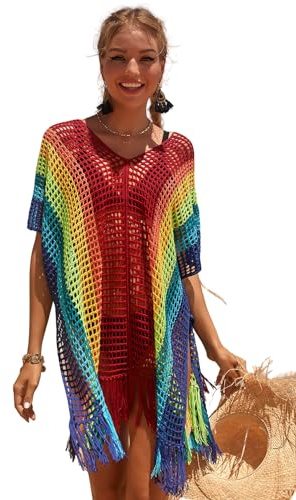 Vestido Pareo Playa de Crochet Muje Vestido Corto de Malla Verano Sexy Bikini Cover Up Traje de Baño Cubrir Ropa de Baño para Vacaciones (FR/ES, Letras, Talla única, Regular, Regular, 010)