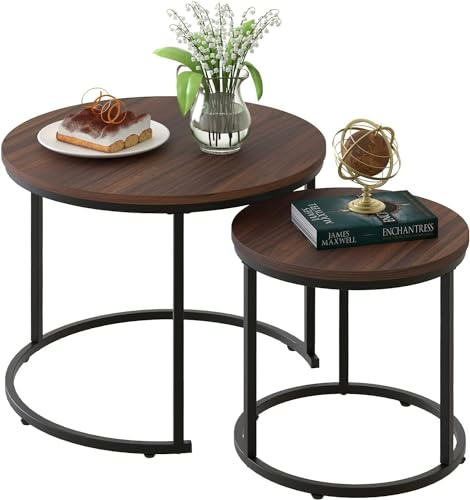 Huhote Round Coffee Tables, Set of 2 End Table, Nesting Tables, Side Table with Metal Frame for Living Room/Bedroom/Balcony/Office/Apartment, Diameter 23.6/15.7 IN (Black Frame, Dark Brown Top)