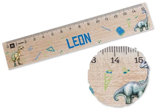 Holz 15cm - Dinosaurier - Schulanfang Lineal 15 mit Dino Motiven | Geschenk zur Einschulung Dino-Design - 15 cm - Holz - klein grundschule schulbedarf kinder 15 cm