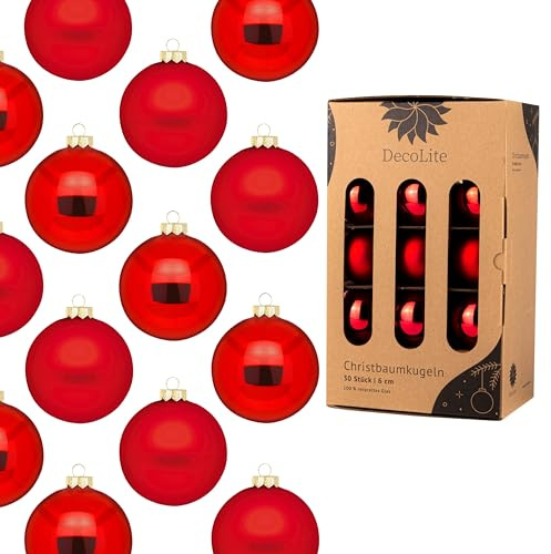 DecoLite Weihnachtskugeln Glas 6 cm, 30er Set, Rot Matt-Glänzend | 30 Glaskugeln Ø 6 cm, innen echt versilbert, inkl. S-Aufhänger 3,8 cm, plastikfreie Kartonbox